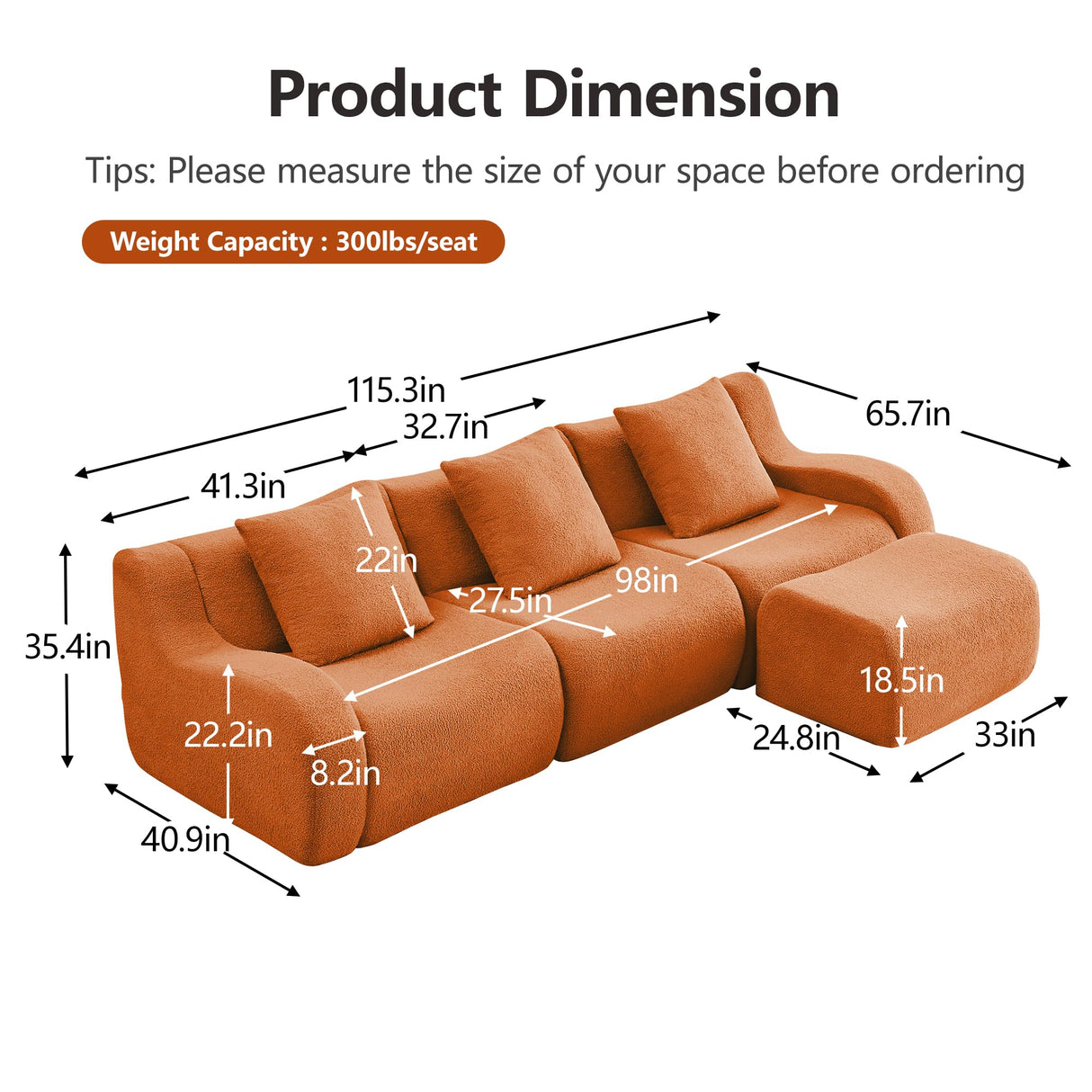 Aoiy & Wifon 115.3" Modular Sectional Sofa, 3-Seater Teddy Deep Seat Cloud Couch with 1 Movable Ottoman, Oversized Boneless Sectional Couch for Living Room, No Assembly Required, Orange Aoiy & Wifon