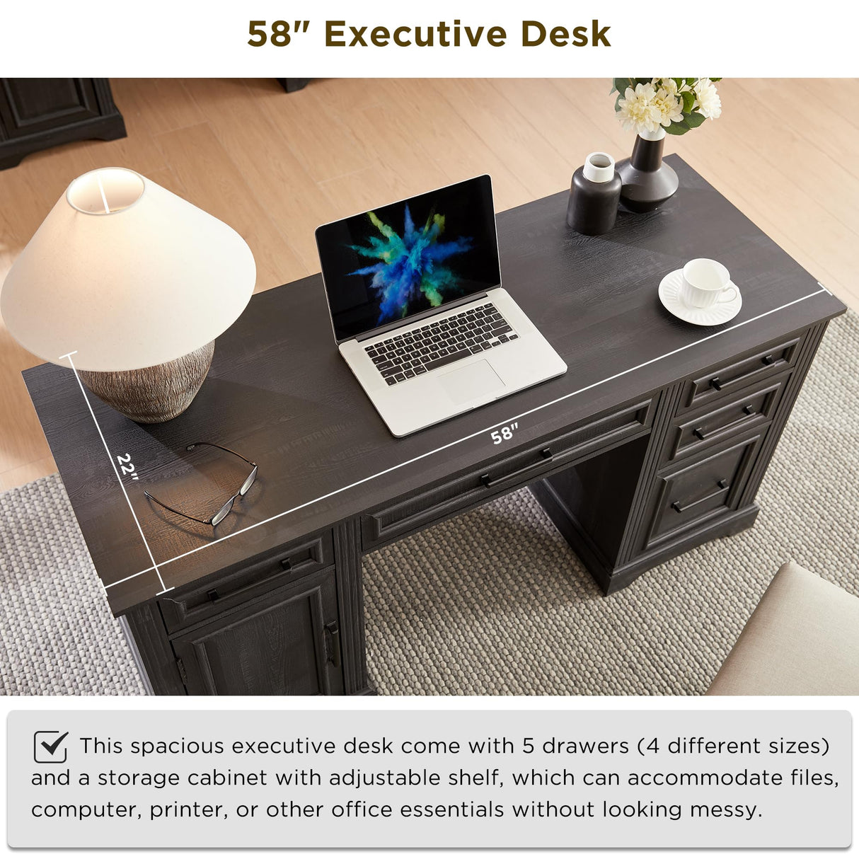 JXQTLINGMU Farmhouse 58" Executive Desk, Computer Desk with Drawers and Storage Cabinet, Workstation for Home Office, Black JXQTLINGMU