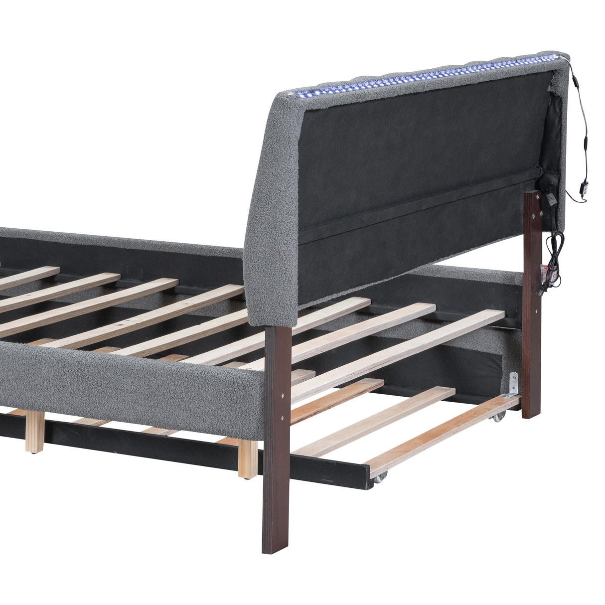 Favfurish Teddy Fleece Queen Size Upholstered Platform Bed with Trundle & LED Lights, Wooden Bedframe,No Box Spring Needed, w/Wood Slat Support,for Bedroom,Guest Room, Gray Favfurish