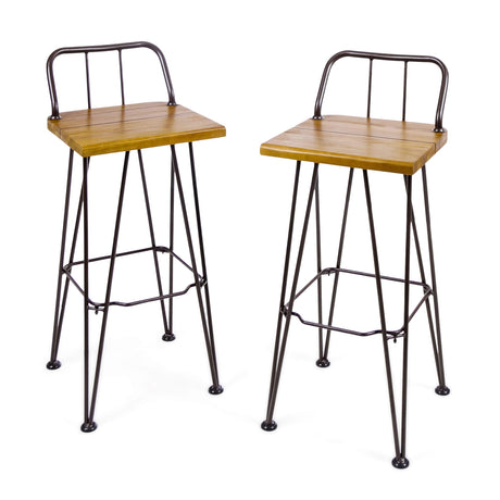 Christopher Knight Home Denali Outdoor Industrial Acacia Wood Barstools with Finished Iron Frame, 2-Pcs Set, Teak Finish / Rustic Metal Christopher Knight Home