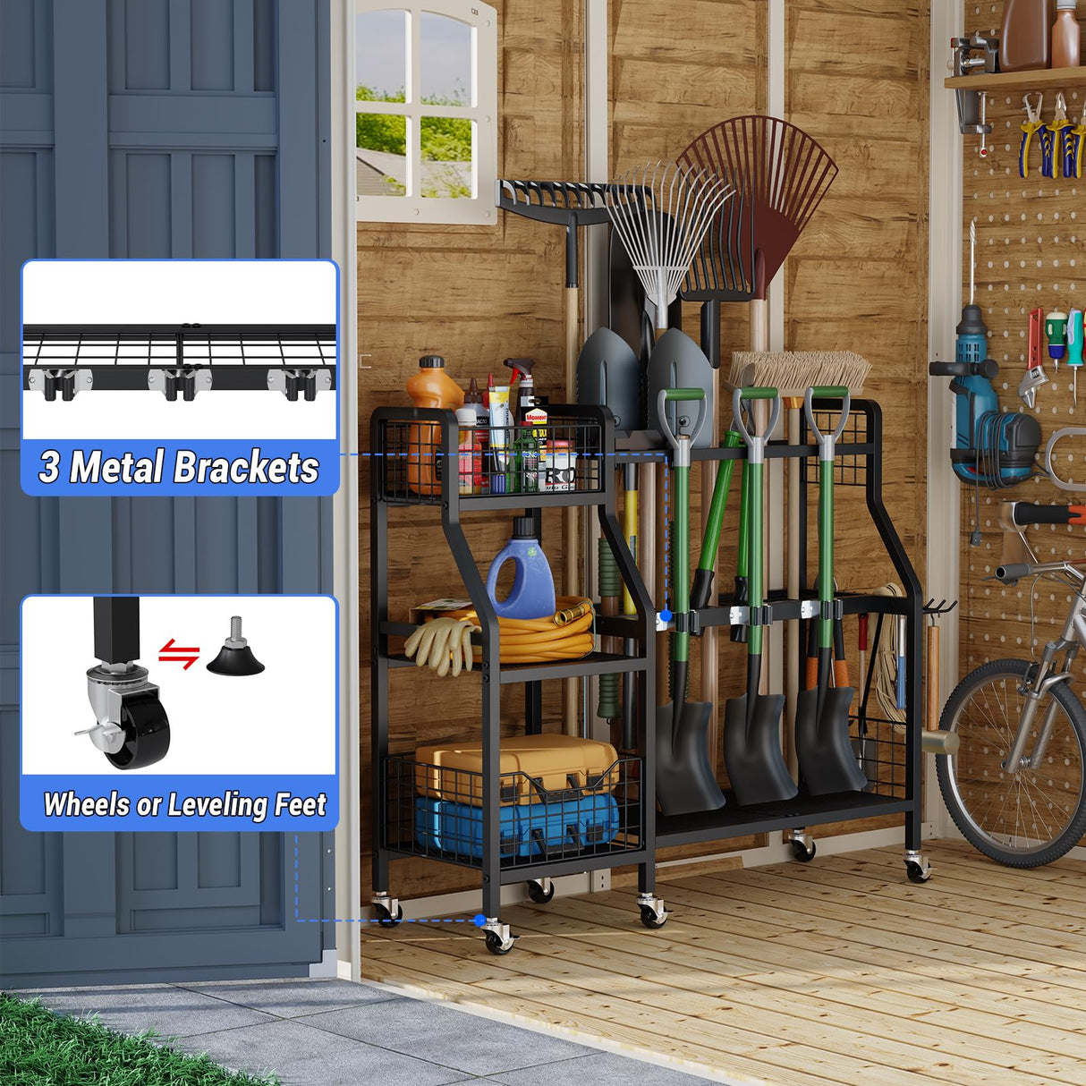 keomaisyto Garden Tool Organizer with 6 Wheels(3 lockable), Heavy Duty Yard Tool organizer with 2 Basket, Large Metal Garage Tool Organization and Storage for Garage/Shed/Yard/Broom Closet/Lawn keomaisyto