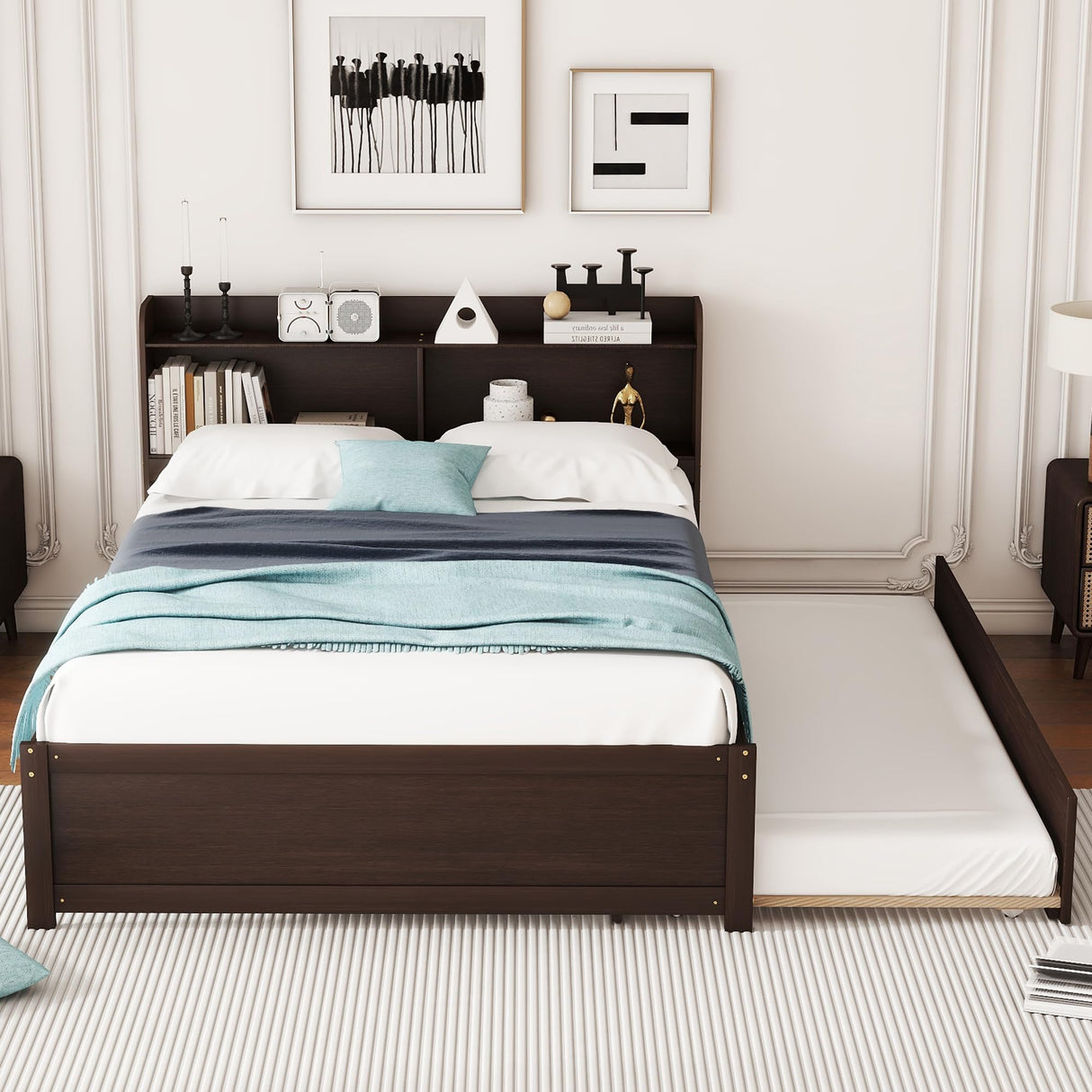 Harper & Bright Designs Full Bed Frame with Trundle, Full Trundle Bed with Bookcase Headboard, Wood Full Size Platform Bed with Twin Trundle Bed Under for Kids Girls Boys, Espresso Harper & Bright Designs