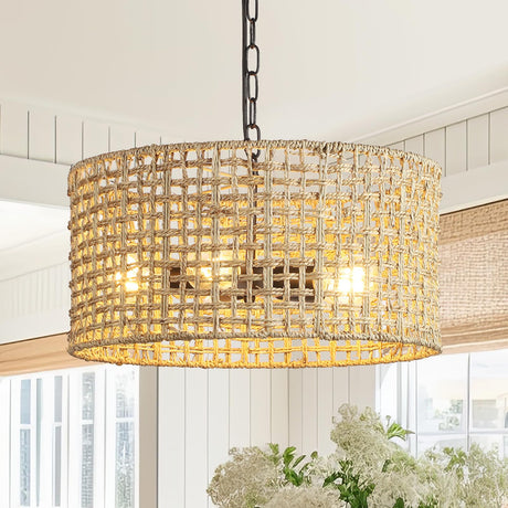 Mgcanyu 17.7" Rattan Dining Room Light fixtures, 5-Light Hand Woven Pendant Lights Kitchen Island Rattan Boho Chandelier Bohemian Hanging Ceiling Lights Wicker Lighting for Restaurants Living Room Mgcanyu