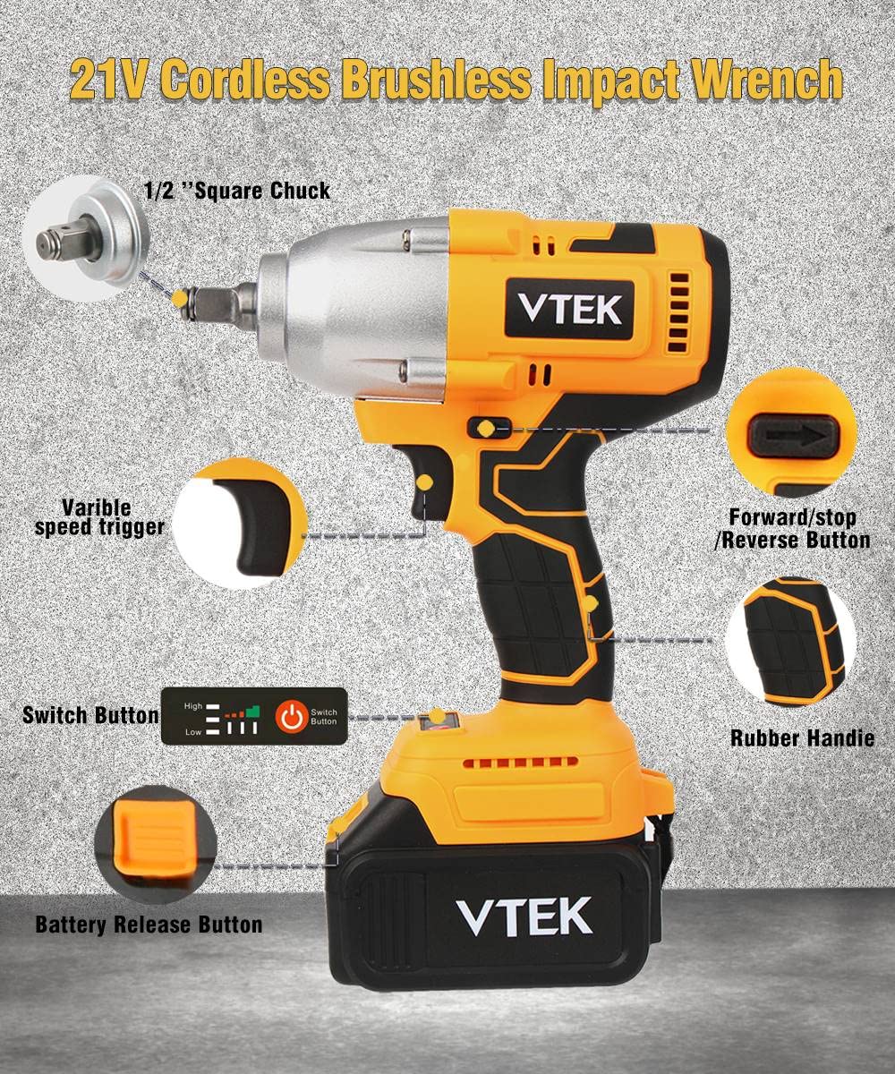 VTEK Brushless Impact Wrench 1/2 Inch Chuck,Max Torque 700N.m Cordless Impact Wrench 515 ft-lbs,Impact Gun for Car Tiers… VTEK
