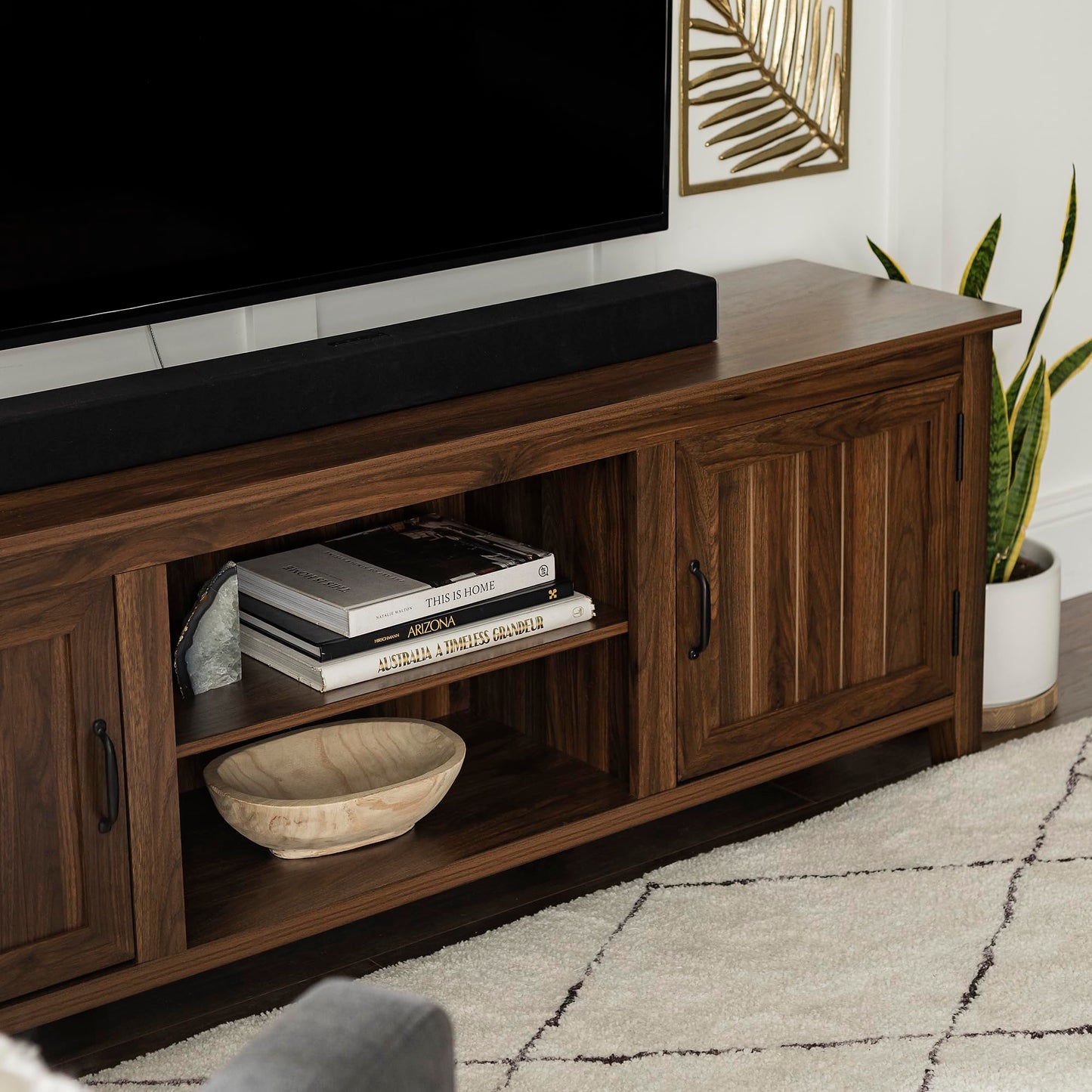 Walker Edison Ashbury Coastal Style Grooved Door TV Stand for TVs up to 80 Inches, 70 Inch, Dark Walnut - WoodArtSupply