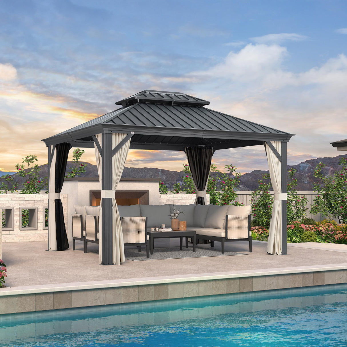 PURPLE LEAF 10' X 12' Hardtop Gazebo with Galvanized Steel Double Roof Outdoor Gazebos for Patio Lawn and Garden Included Netting and Beige Curtains PURPLE LEAF