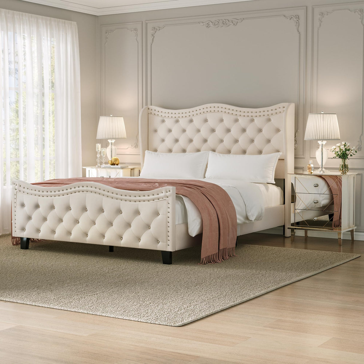 RIHHA Elegant Glam Queen Upholstered Bed Frame with Tall Tufted Wingback Headboard & Footboard – Cream Beige Velvet Platform Bed, Sturdy & Noise-Free, No Box Spring Required, Easy Assembly RIHHA