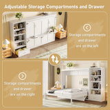 SOFTSEA Queen Horizontal Murphy Bed with Desk, Foldable Wall Bed Frame with Storage Drawers, Shelves & Movable Cabinets, Space-Saving Hideaway Murphy Bed for Small Space, White SOFTSEA