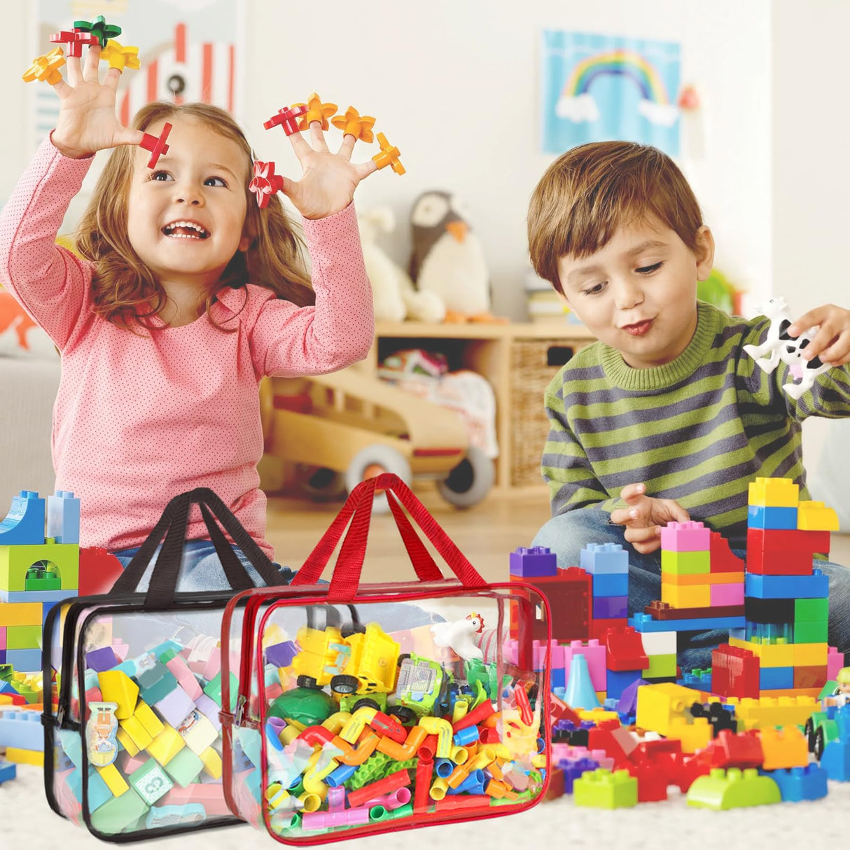 9 Packs Toy Storage Bags with Labels, Large PVC Reusable Board Game Storage Containers Clear Zipper Pouches Waterproof Travel Organizer Bags for Building Blocks, Puzzle, Kids Books, Stationery, Makeup YELIENM