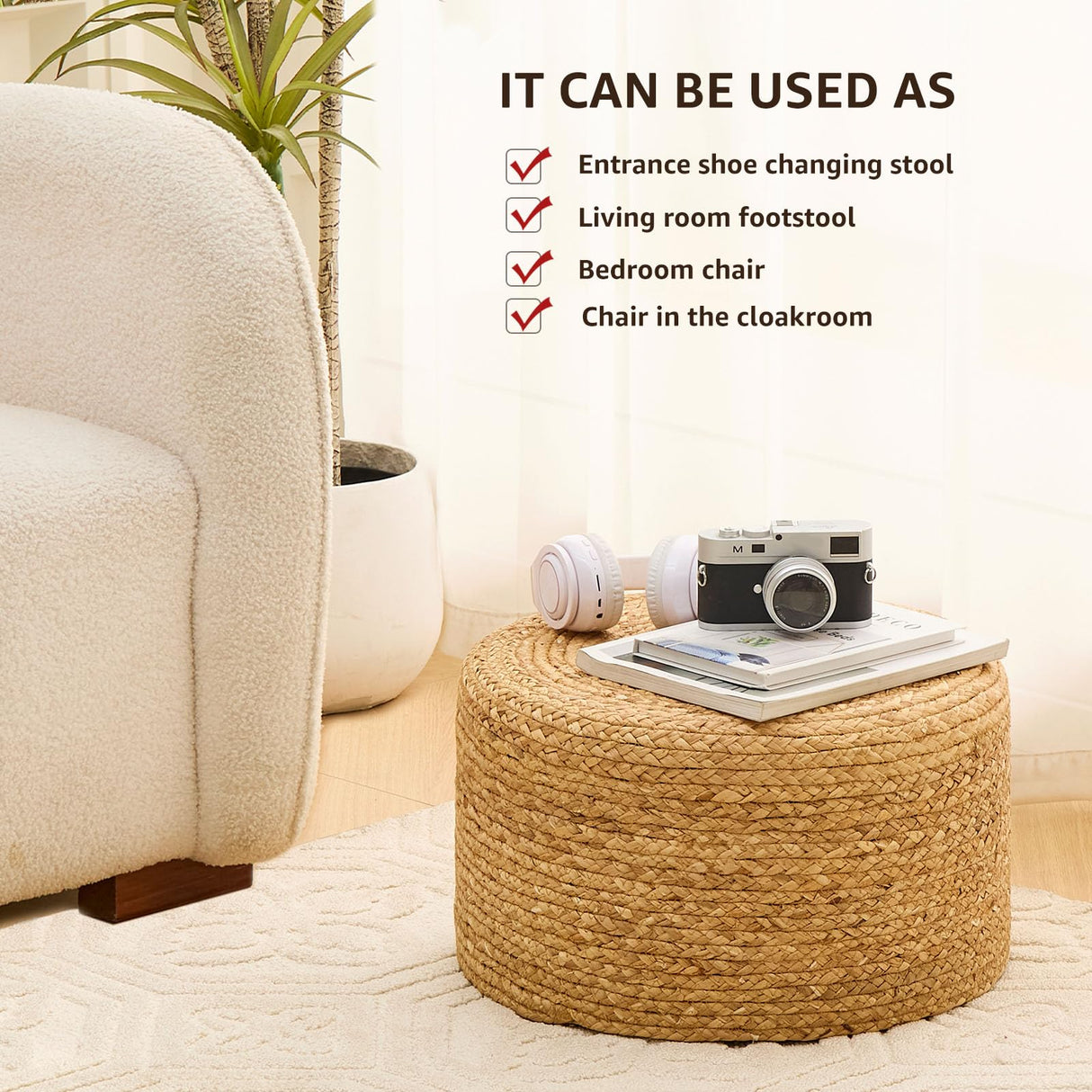 Wimarsbon Round Pouf Ottoman, Natural Hand Knitted Footrest Poof, Rustic Lounge Pouffe, Boho Pous Foot Stool, Accent Table or Seat (Natural Water Hyacinth, 17.7 * 17.7 * 9.84) Wimarsbon