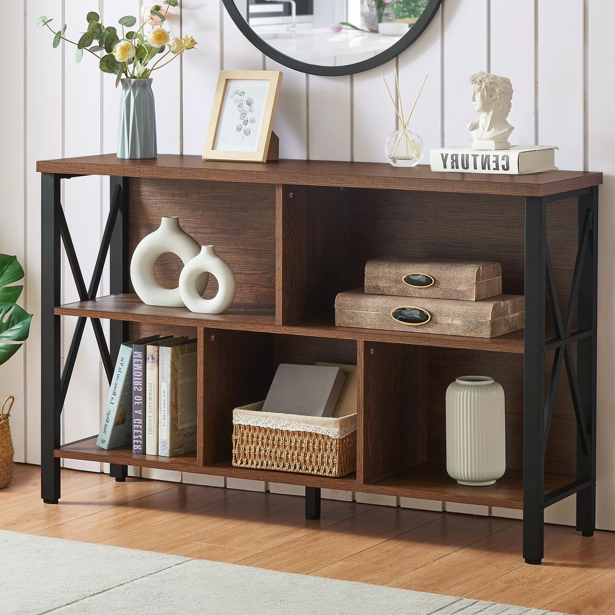 HOMISSUE Cube Storage Organizer Shelf, Rustic Horizontal Bookshelf with 5 Cube Storage, Industrial Short Wide Bookcase with 3 Tier Shelves, Low and Long Cube Bookshelf for Living Room, Office, Brown HOMISSUE