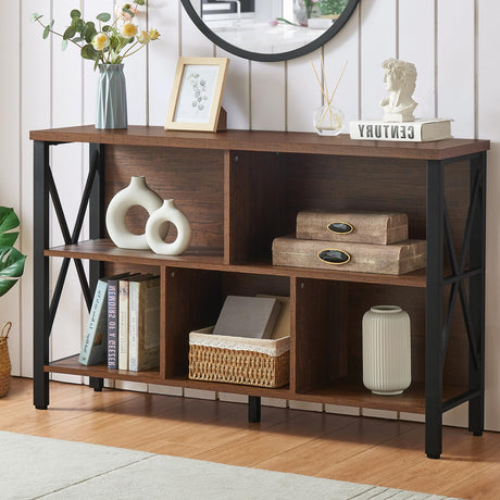 HOMISSUE Cube Storage Organizer Shelf, Rustic Horizontal Bookshelf with 5 Cube Storage, Industrial Short Wide Bookcase with 3 Tier Shelves, Low and Long Cube Bookshelf for Living Room, Office, Brown HOMISSUE