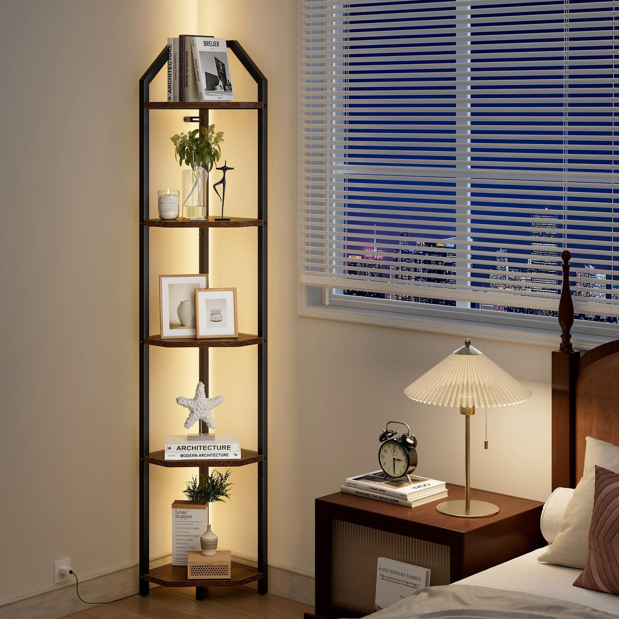 Realgulf 70 Inch Corner Shelf with LED Lights, 5-Tier Corner Bookshelf for Small Spaces, Wood & Metal Storage Rack for Bedroom, Living Room, Office - Modern Space Saving Design- Brown Realgulf