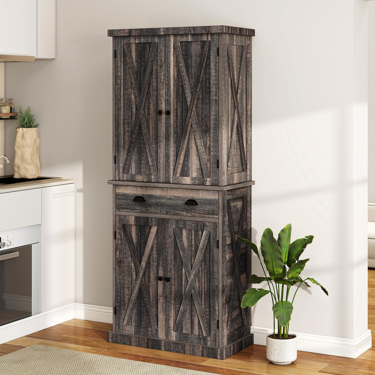 DWVO 72'' Farmhouse Kitchen Pantry, Rustic Wood Kitchen Storage Cabinets with Adjustable Shelves & Drawer, Tall Freestanding Cupboard for Dining Room, Living Room, Dark Gray DWVO