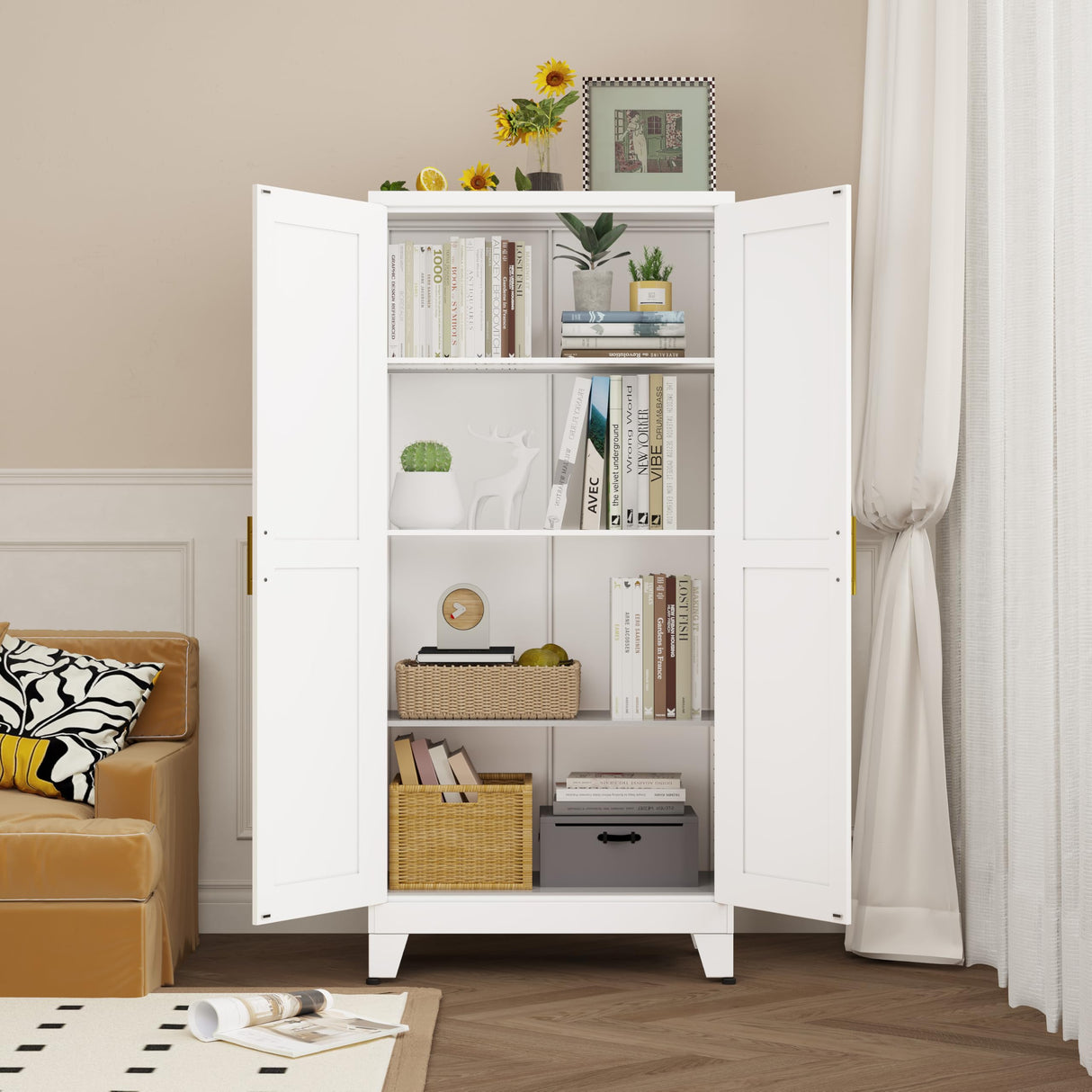 pozdeg Metal Storage Cabinet - 61" Tall Steel File Cabinets with 2 Doors and 3 Adjustable Shelves Versatile Storage Pantry Cabinet for Home Office Warehouse Garage or Outdoor (White) pozdeg