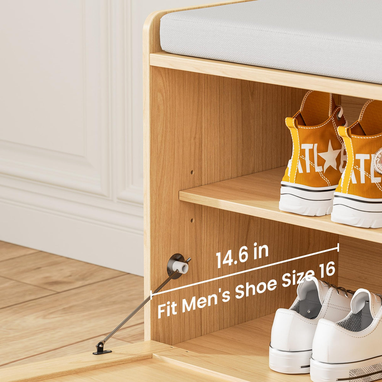 MHOM Rattan Shoe Bench for Entryway, Hallway and Bedroom - Boho Bench With Storage Cabinets and Seat Cushion - Wooden Storage Bench Fits up to Size 16 - Natural Oak MHOM