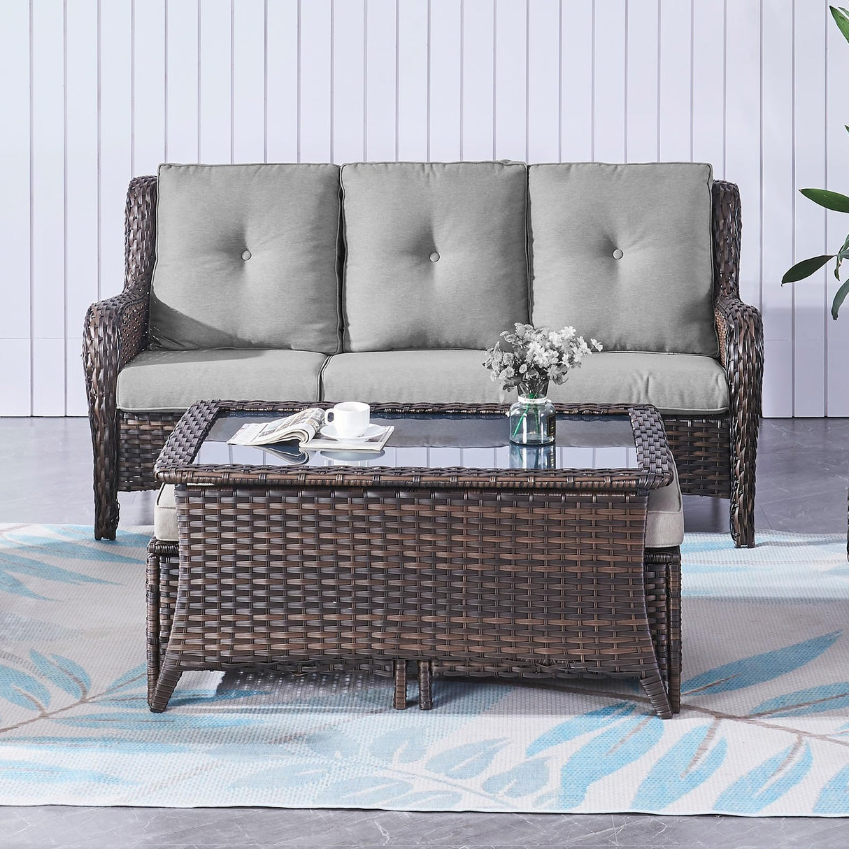 Belord Outdoor Coffee Table with Tempered Glass Top, Patio Rectangular Brown Wicker, Handwoven Rattan Coffee Table Compatible with Patio Furniture Sets for Porch Deck Backyard Belord