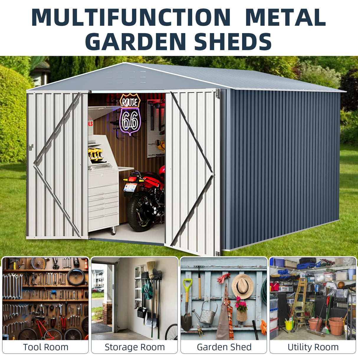 10x10FT Outdoor Metal Storage Shed, Lockable Weatherproof Garden Shed for Tools & Equipment, Durable Galvanized Steel with Sloping Roof & Ventilation, Ideal for Backyard, Patio & Garage Storage, Grey BouPower
