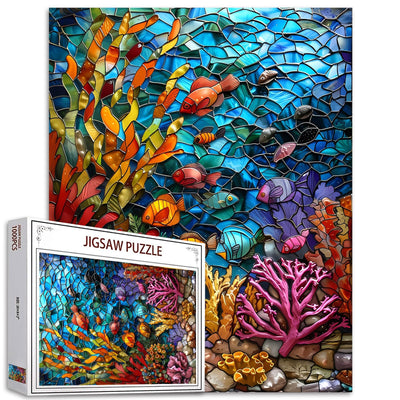 1000 Piece Jigsaw Puzzles for Adults Stained Glass Ocean Painting Jigsaw Puzzle Underwater World 1000 Pieces Puzzles Game Colorful Glass Coral Fish Wall Decor DIY Craft Puzzle Sea Ocean Landscape Art