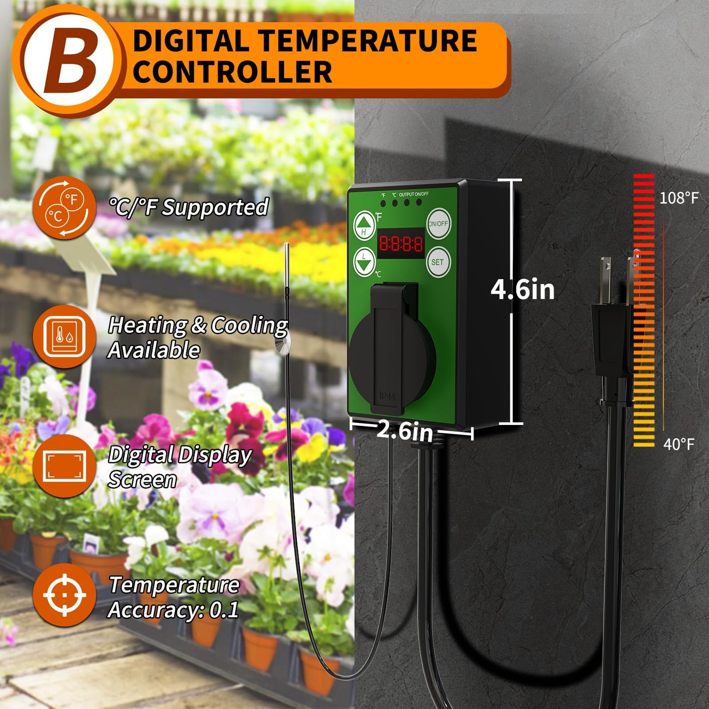 Buyplus Greenhouse Heater with Digital Thermostat, 1500W Outdoor Heaters for Patio, Overheat Protection & 3S Fast Heating, Electric Space Heater for Greenhouse, Patio, Garage, Flower Room, Silver