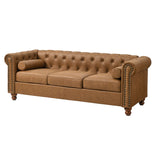 Asucoora Air Leather Tufted Sofa Couch for Living Room, Rolled Arm 3-Seater Sofa Couch with Nailhead Trim and 2 Neck Roll Pillows, Small Apartment Chesterfield Sofa Asucoora