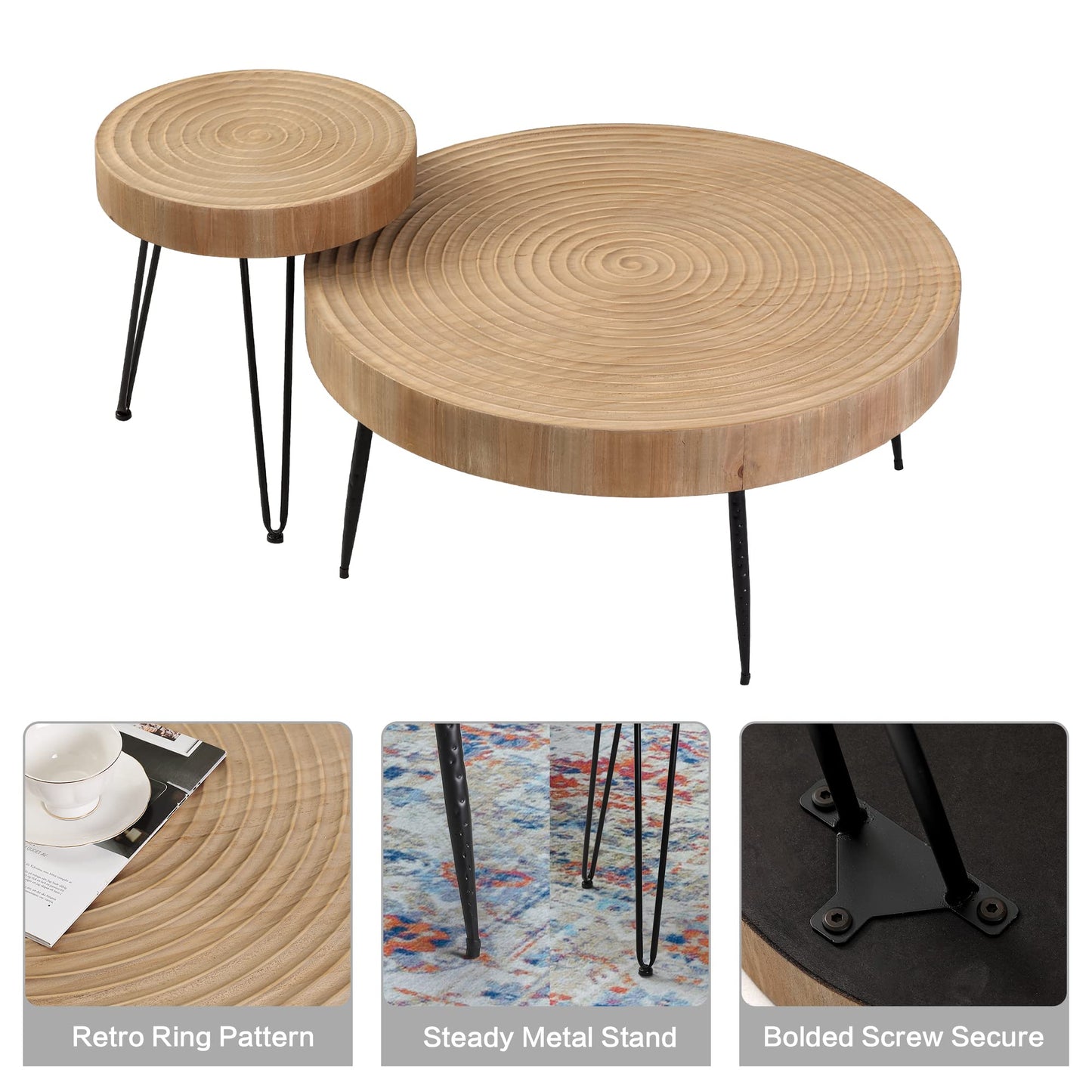 RUSTOWN Farmhouse Round Coffee Table Set of 2, Cocktail Table Set, Modern Circle Natural Wood Finsh Side and End Table Sets for Living Room(Helical, Natural) - WoodArtSupply