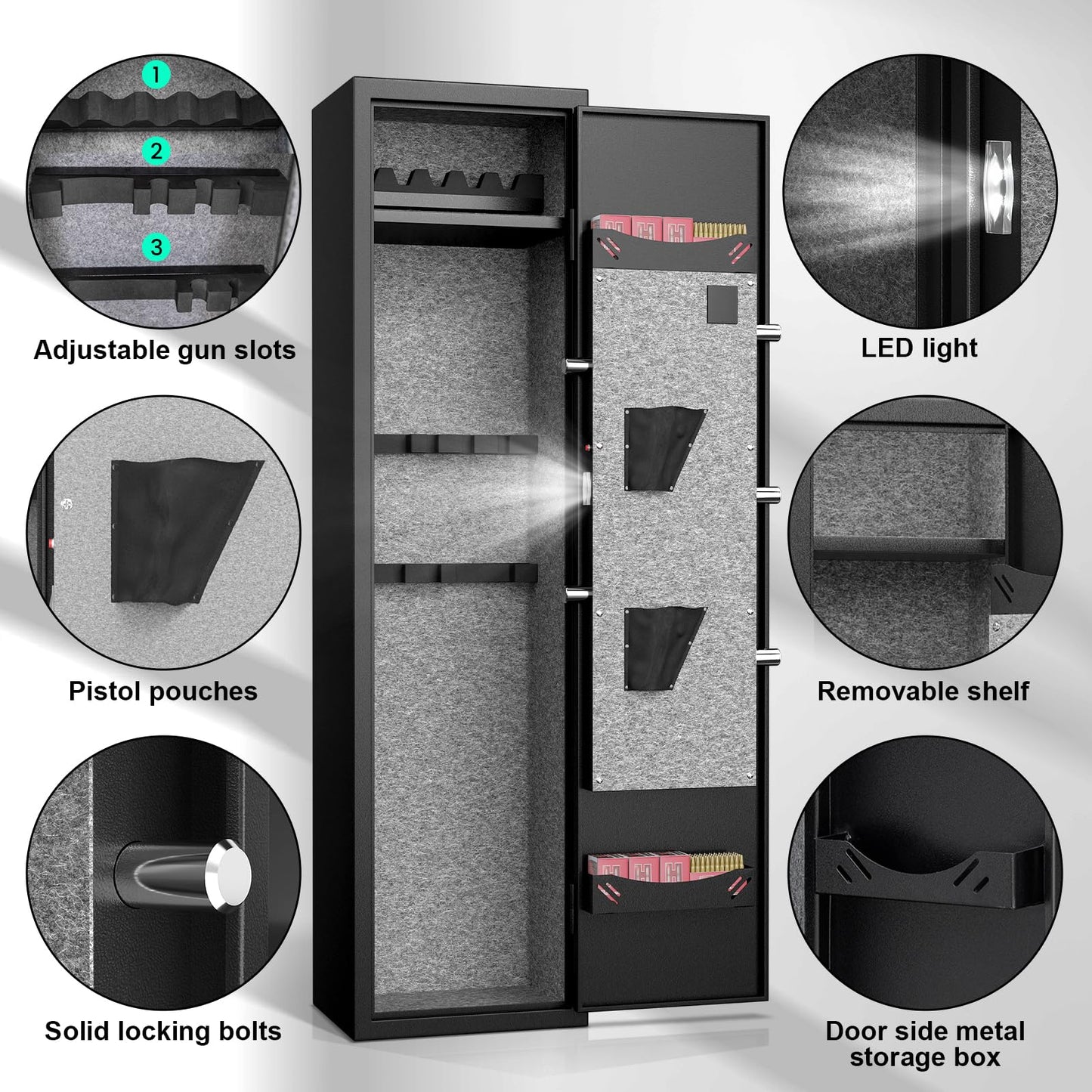 Omethey 3-5 Gun Safe for Rifles and Pistols, Quick Access Rifle Gun Safe with Silent Mode and Alarm System, Gun Cabinet with Removable Shelf and 2 Adjustable Gun Slots