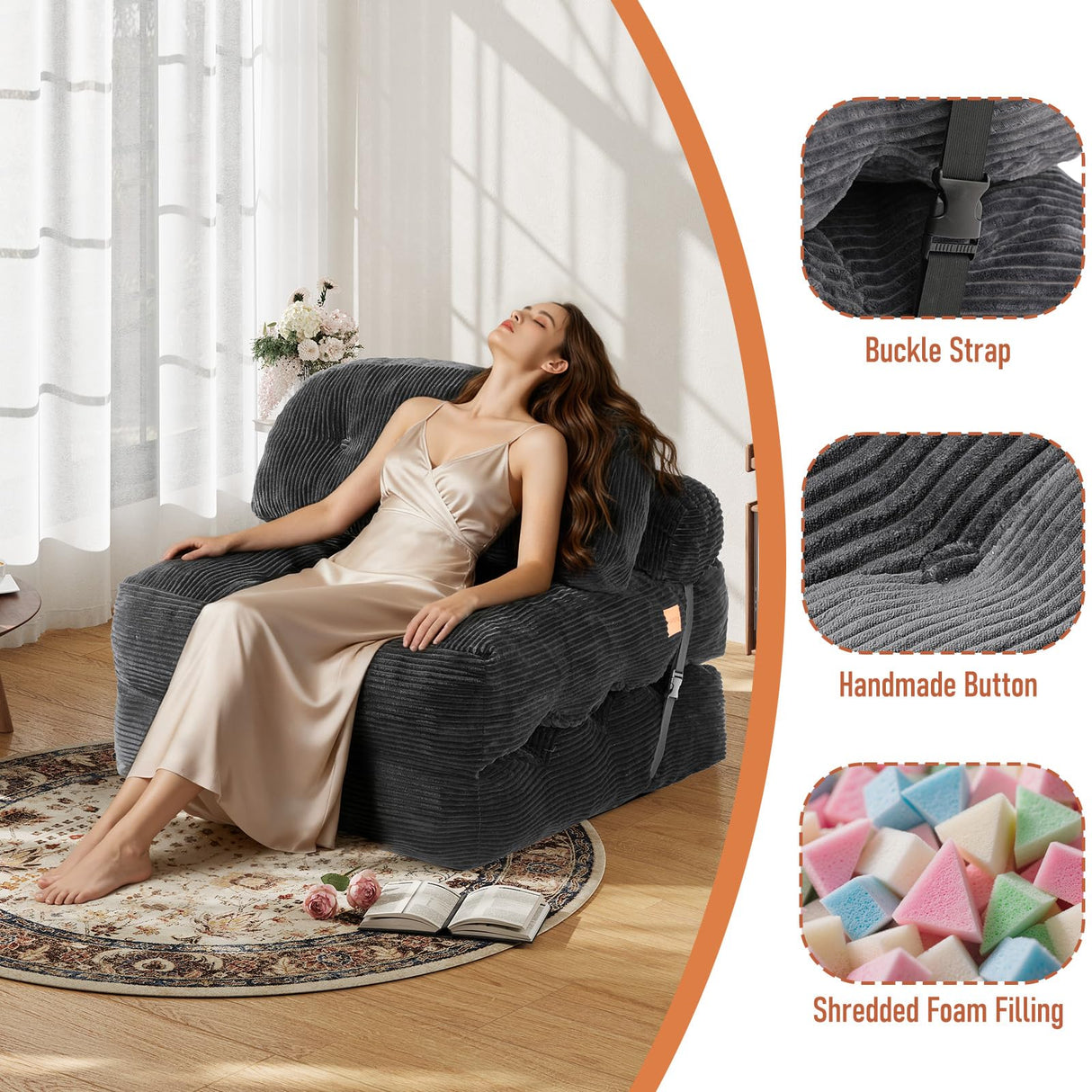 Vellorise Folding Sofa Bed, Convertible Sleeper Chair with Back Support and Pillow Futon, Foldable Couch for Living Room/Guest Use/Home Office, Foldable Chair Bed for Adults, Dark Gray Vellorise