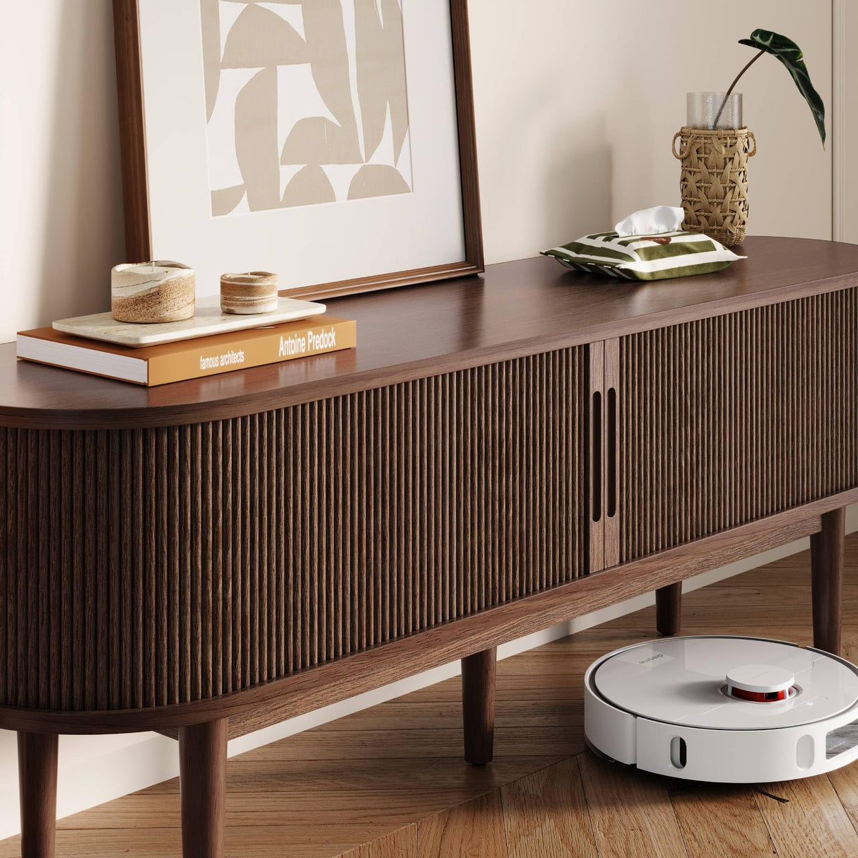 LINSY HOME TV Stand for 65" TV, Mid-Century Modern 58" Entertainment Center with Sliding Tambour Door and Storage Cabinet, Cruved TV Media Console Table for Living Room, Bedroom, Walnut LINSY HOME