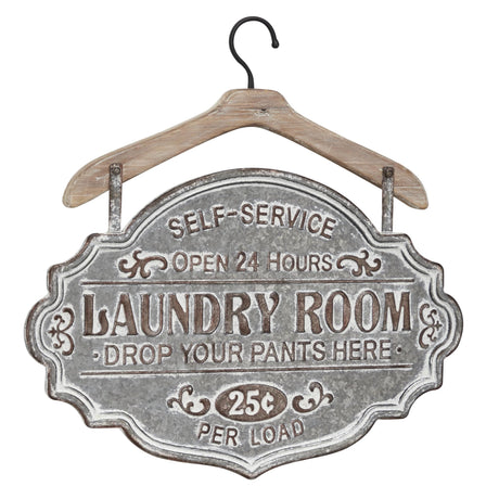 Deco 79 Metal Sign Home Wall Decor Laundry Room Wall Sculpture with Brown Wood Hanger, Wall Art 22" x 1" x 22", Gray Deco 79