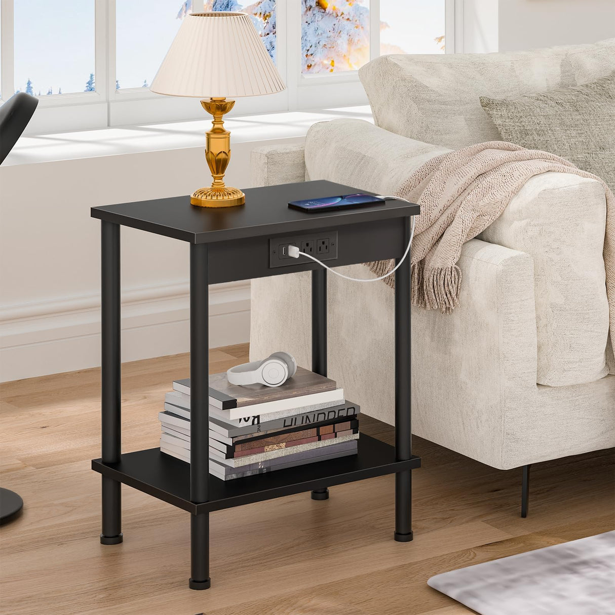 YUFAM End Table with Charging Station,Small Side Table,2-Tier Nightstand with Storage Shelf,Sofa Bedside Table for Small Spaces in Living Room,Bedroom,Office,Easy Assembly,Black YUFAM