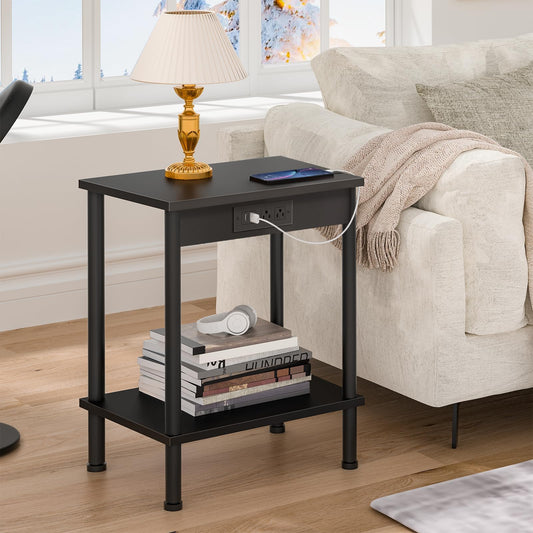 YUFAM End Table with Charging Station,Small Side Table,2-Tier Nightstand with Storage Shelf,Sofa Bedside Table for Small Spaces in Living Room,Bedroom,Office,Easy Assembly,Black