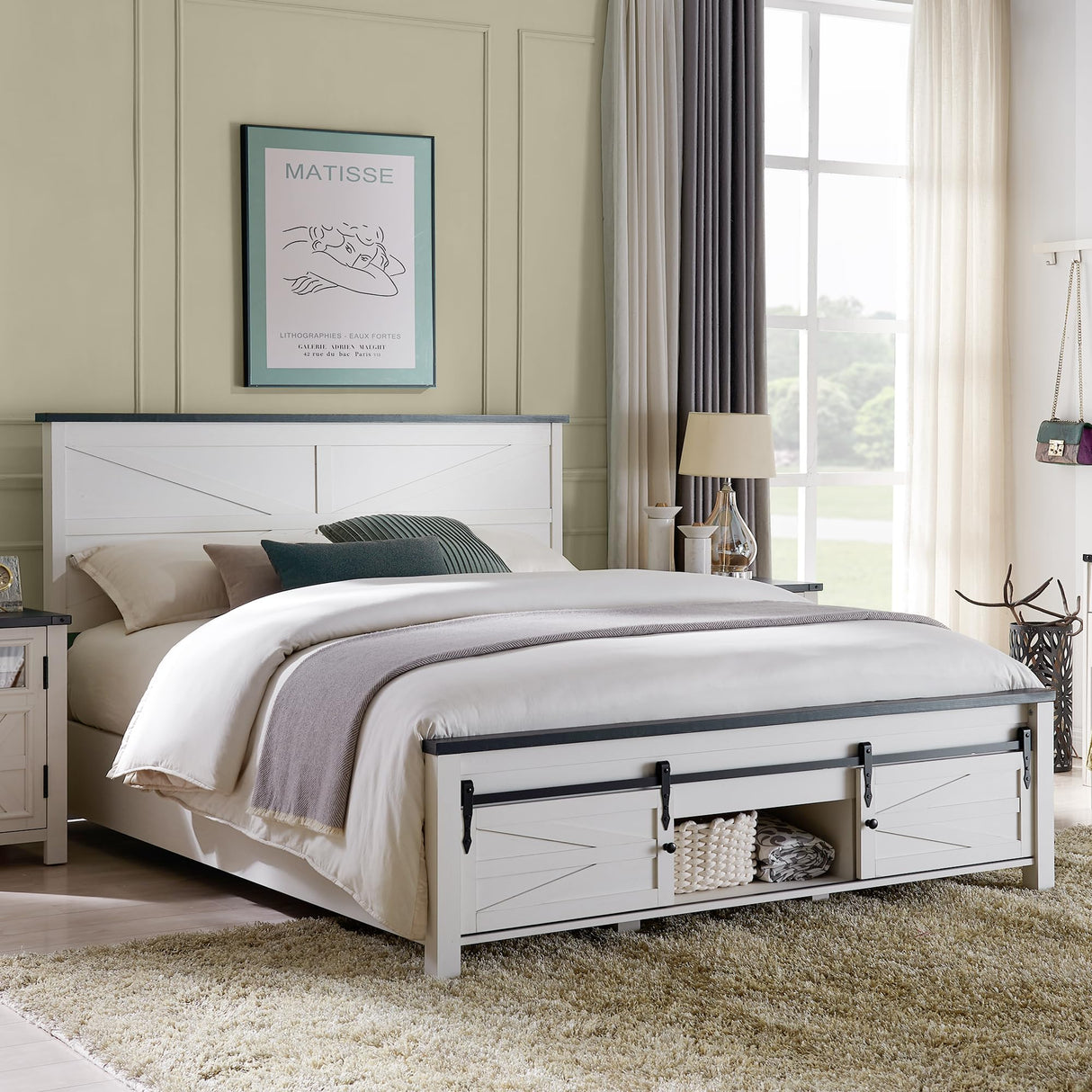 JXQTLINGMU King Farmhouse Wood Bed Frame with Sliding Barn Door Storage Cabinets, Solid Wood Slats Support, Noiseless, No Box Spring Needed, Antique White JXQTLINGMU