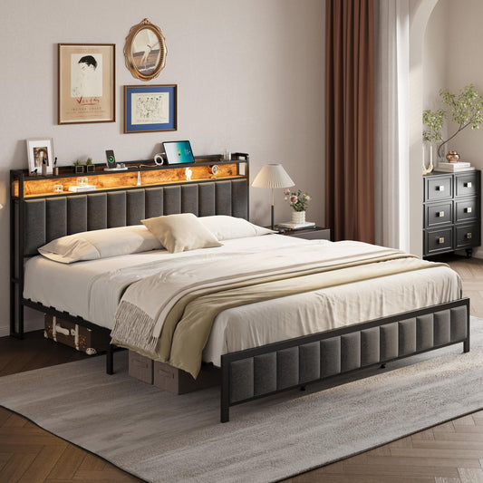 MEIJUJIA Upholstered King Bed Frame with LED Headboard and Charging Station - Grey - WoodArtSupply