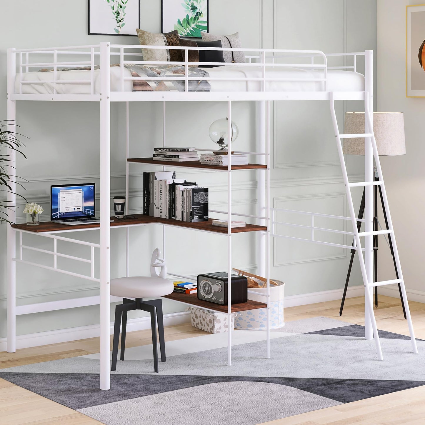 Twin Loft Bed with Desk and Storage, Heavy Duty Loft Bed Twin Size, Twin Size Loft Bed with L-Shaped Desk and Guardrails, Twin Loft Bed for Kids, Girls, Boys(Twin White