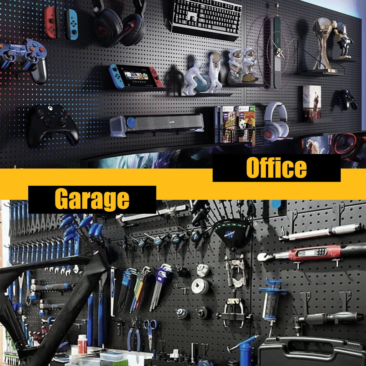 Spampur Peg Board, 4 Pack Metal Pegboard Panels with 50 Hooks, Black Pegboards Wall Organizer, Heavy Duty Peg Board for Walls Home, Garage Tool Storage, Office Organization, Craft Room, Kitchen Spampur