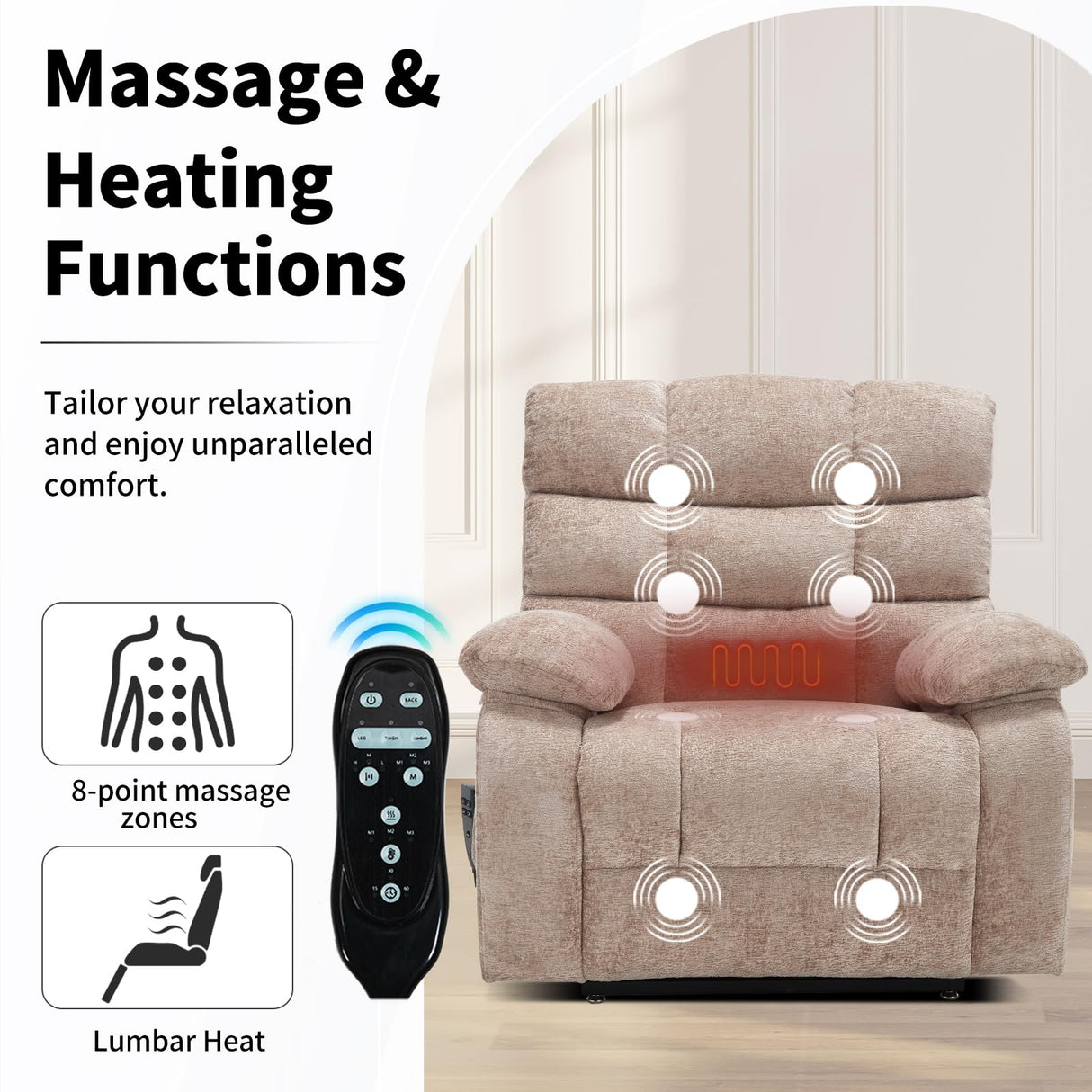 EZZUP Lay Flat Recliner with Vibration Massage and Lumbar Heating, 26'' Wide Recliner Chair with Infinite Position and 2 Remote Controls, Soft Chenille Lift Recliner for Living Room, Khaki EZZUP