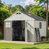 Patiowell 10 x 8 FT Outdoor Storage Shed, Plastic Shed with Floor and Skylight, Resin Storage Shed with Four-Window and Lockable Door for Garden, Patio, Backyard, Beige Patiowell