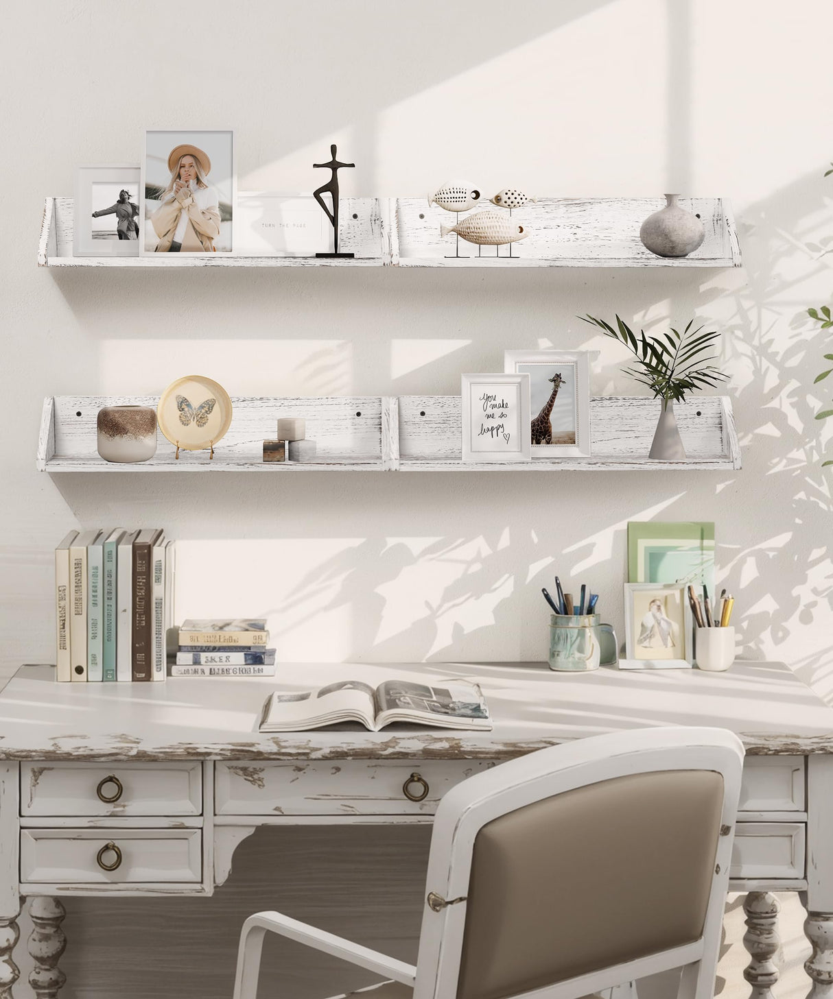 Gronda Kitchen Floating Shelves for Wall, Shabby Chic Wood Farmhouse Wall Mounted Shelf 2-Pack 24 Inches Whitewashed Shelves Hanging for Wall Gronda