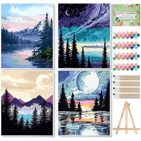 Ninonly 4 Pack Paint by Numbers Kit for Adults Framed Canvas, Art Supplies for Adults Beginners with Easel, Brushes, Acrylic Paint Set for Christmas Gift & Decor, 9 * 12 Inch Ninonly
