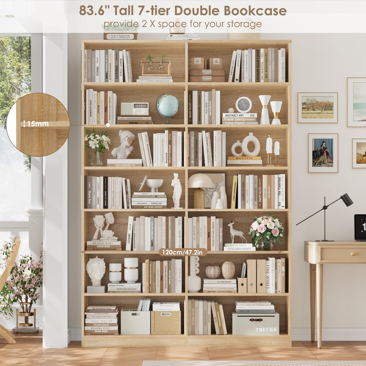 FACBOTALL 83.6" Tall Bookshelf and Bookcase, 7-Tier Extra Large Bookshelf with Double Storage, 14 Open Display Shelves for Home Office, Study and Living Room, Light Oak FACBOTALL