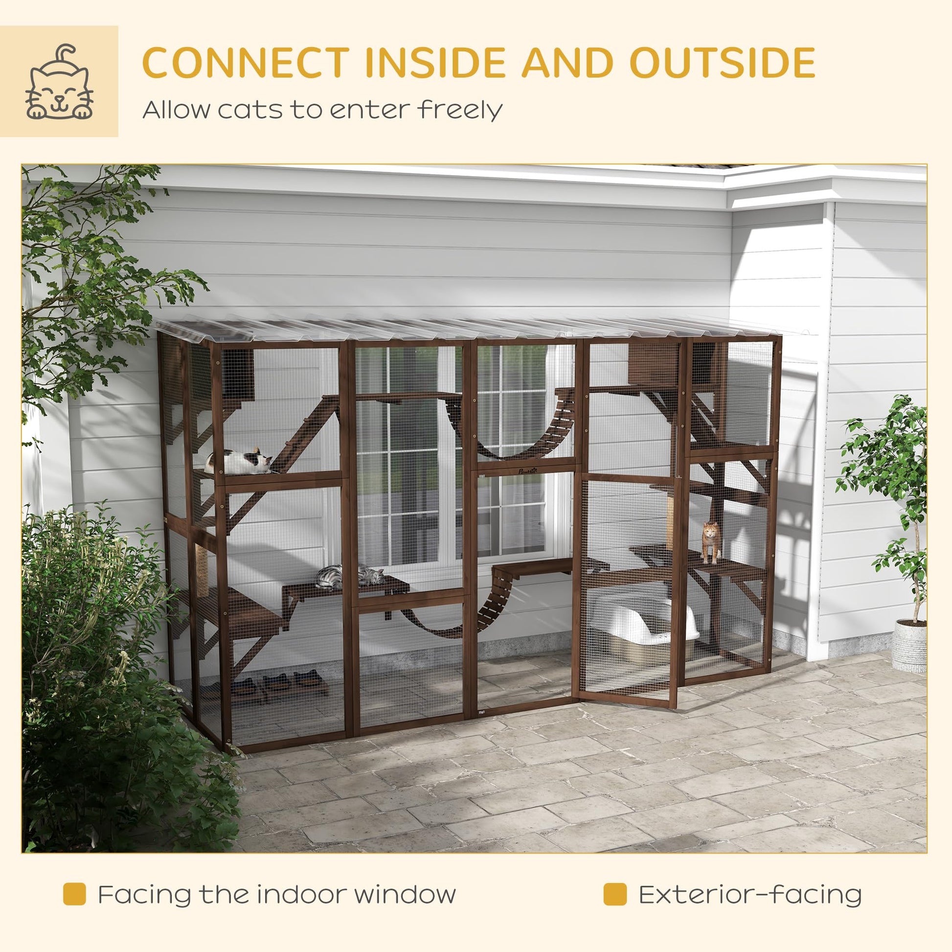 PawHut Catio Playground Cat Window Box Outside Enclosure, Outdoor Cat House with Weather Protection Roof for Multiple Kitties, Wooden Frame, Shelves & Bridges, 118" x 37.5" x 74", Coffee Brow - WoodArtSupply