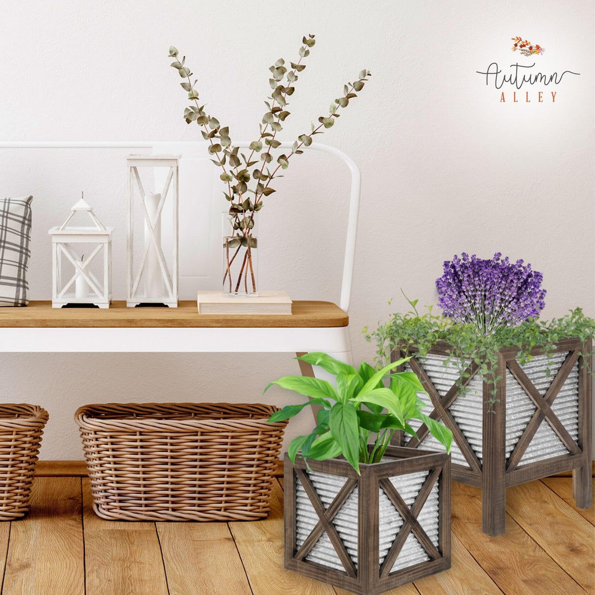 Autumn Alley Farmhouse Front Porch Planters Set of 2 Stand with Galvanized Corrugated Metal Planters for Outdoors/Indoors - Rustic Wood Square Planters Box on Legs – Charming Farmhouse Décor, Brown Autumn Alley