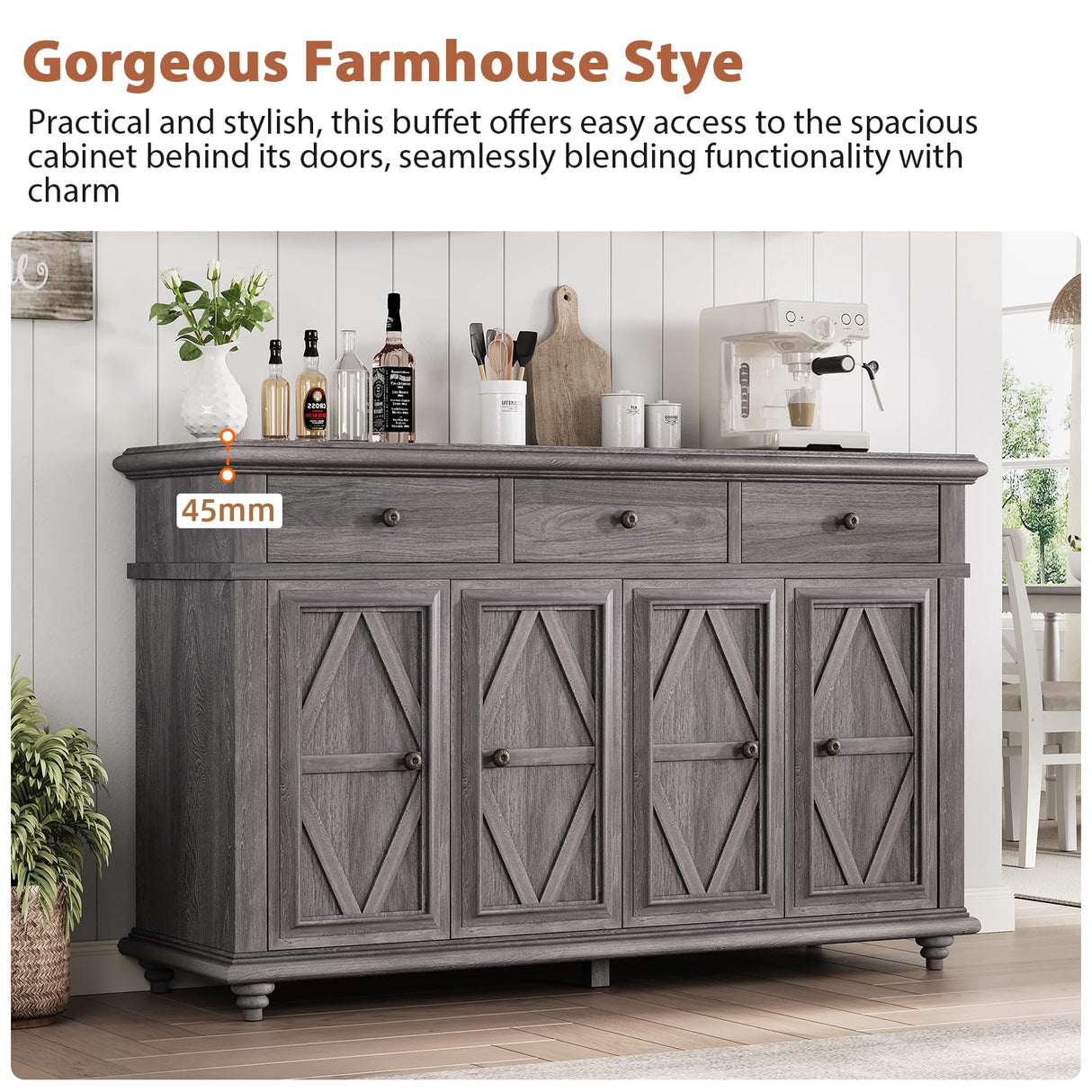 Farmhouse Buffet Cabinet with Storage, Sideboard Cabinet, Buffet Cabinet, Sideboard Buffet Cabinet with Storage, Large Wood Accent Storage Cabinet with Doors and Shelves for Entryway Living Room Jocoevol