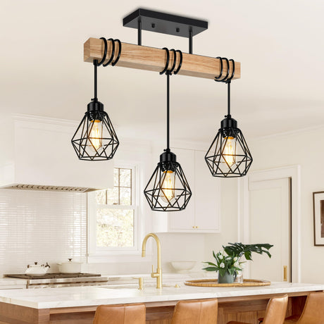 Feanron 3-Lights Farmhouse Dining Room Pendant Light Fixtures Over Table, Rustic Solid Wood Kitchen Island Lighting Hanging with Metal Shades, Modern Black Ceiling Pendant Lamp for Living Room Hallway Feanron