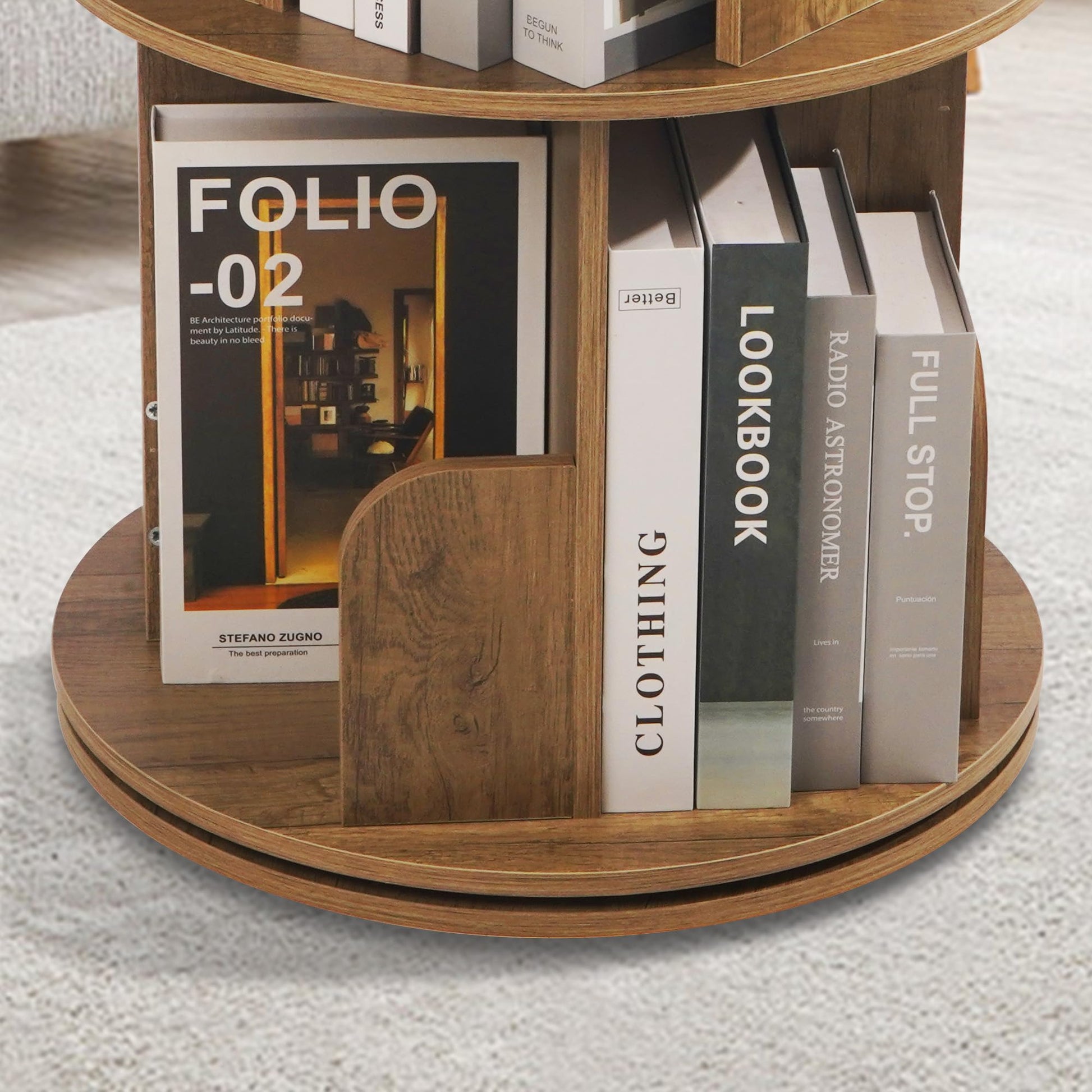 uyoyous 360° Rotating 2-Tier Solid Wood Bookshelf Tower for Small Spaces - Brown - WoodArtSupply