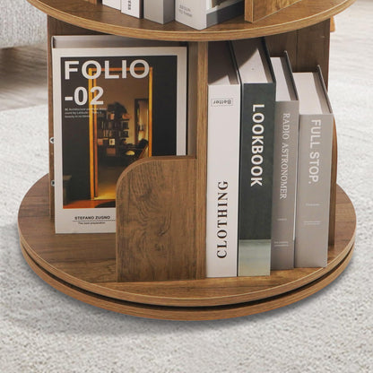 uyoyous 360° Rotating 2-Tier Solid Wood Bookshelf Tower for Small Spaces - Brown - WoodArtSupply