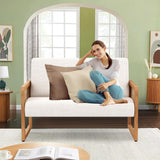 Apeaka Small Loveseat Sofa with Rattan Arms Linen Mini Couch for Living Room Bedroom Modern Upholstered Love Seat with Wood Legs Ivory Apeaka