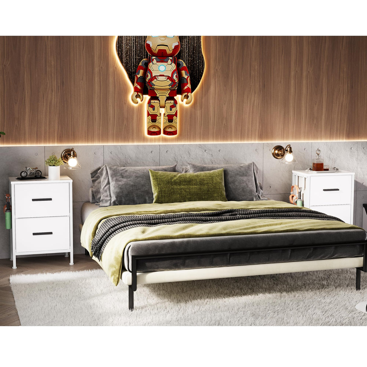 EKNKOZY Nightstand 2 Drawer Dresser, Set of 2 Vertical Side Table with Fabric Drawers and 2 Side Hooks, End Table, Bedside Table, Night Stand and Small Dresser for Bedroom, Hallway, Entryway, White EKNKOZY