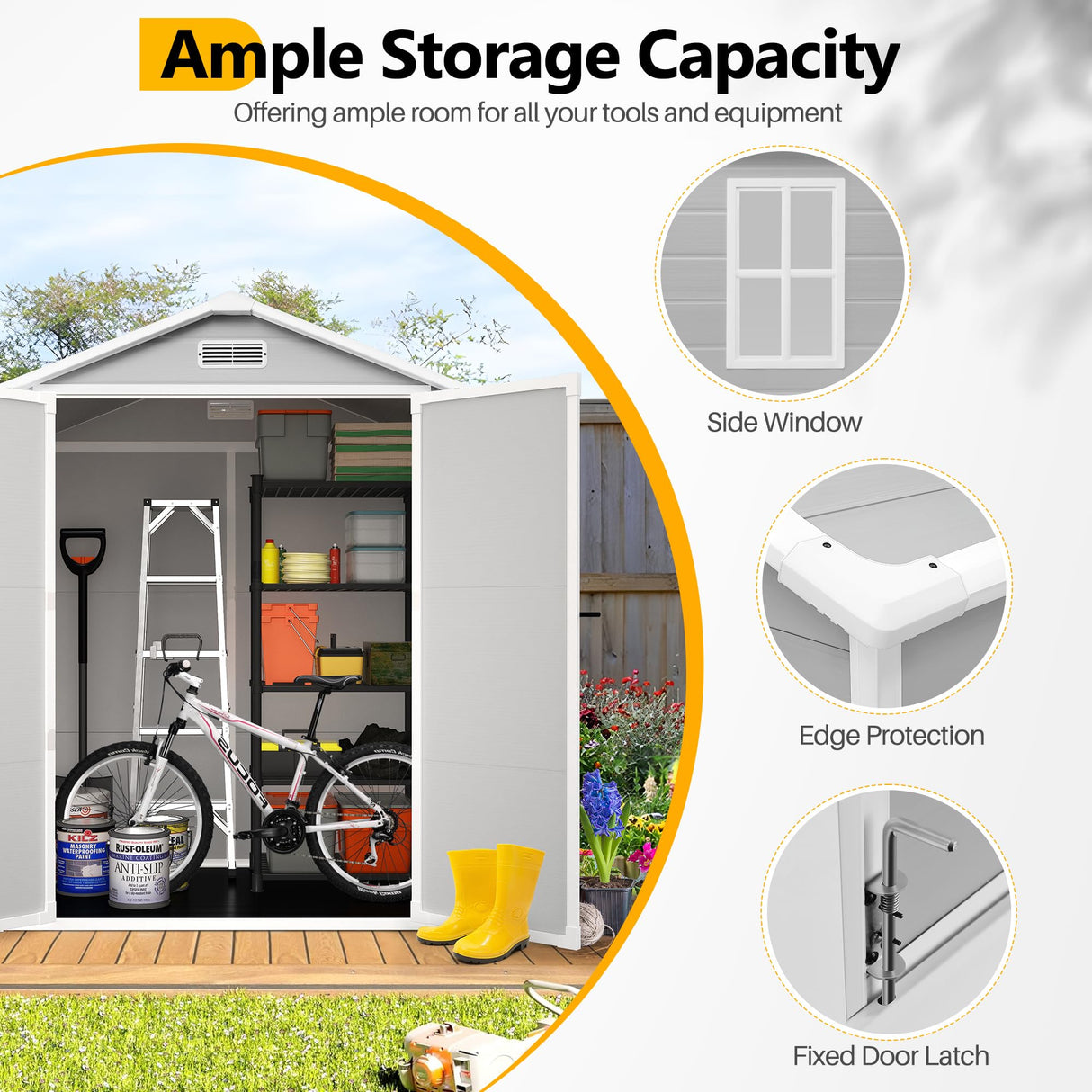 HUGROVE 6 * 4.4 FT Resin Outdoor Storage Shed Plastic Shed with Floor, Reinforced Floor for Patio Furniture, Gardening Tools, Lawn Mower, Plastic Garden Shed with Lockable Door for Backyard (Gray) HUGROVE
